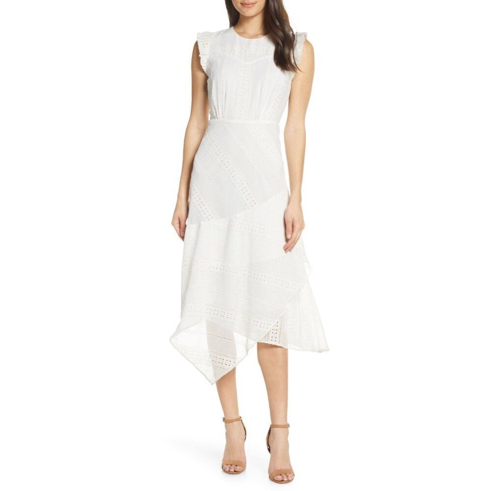 Lenon White Eyelet Asymmetrical Hem Midi Dress NWT Size Small Feminine Bridal